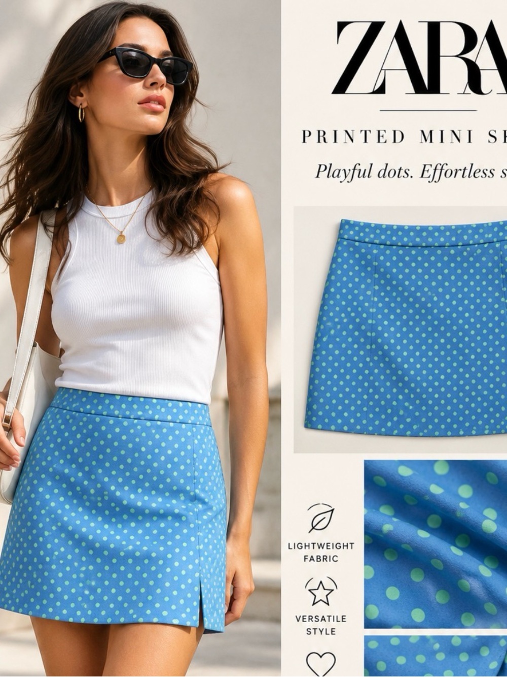 ZARA Blue Mini Skirt with Mint Polka Dots